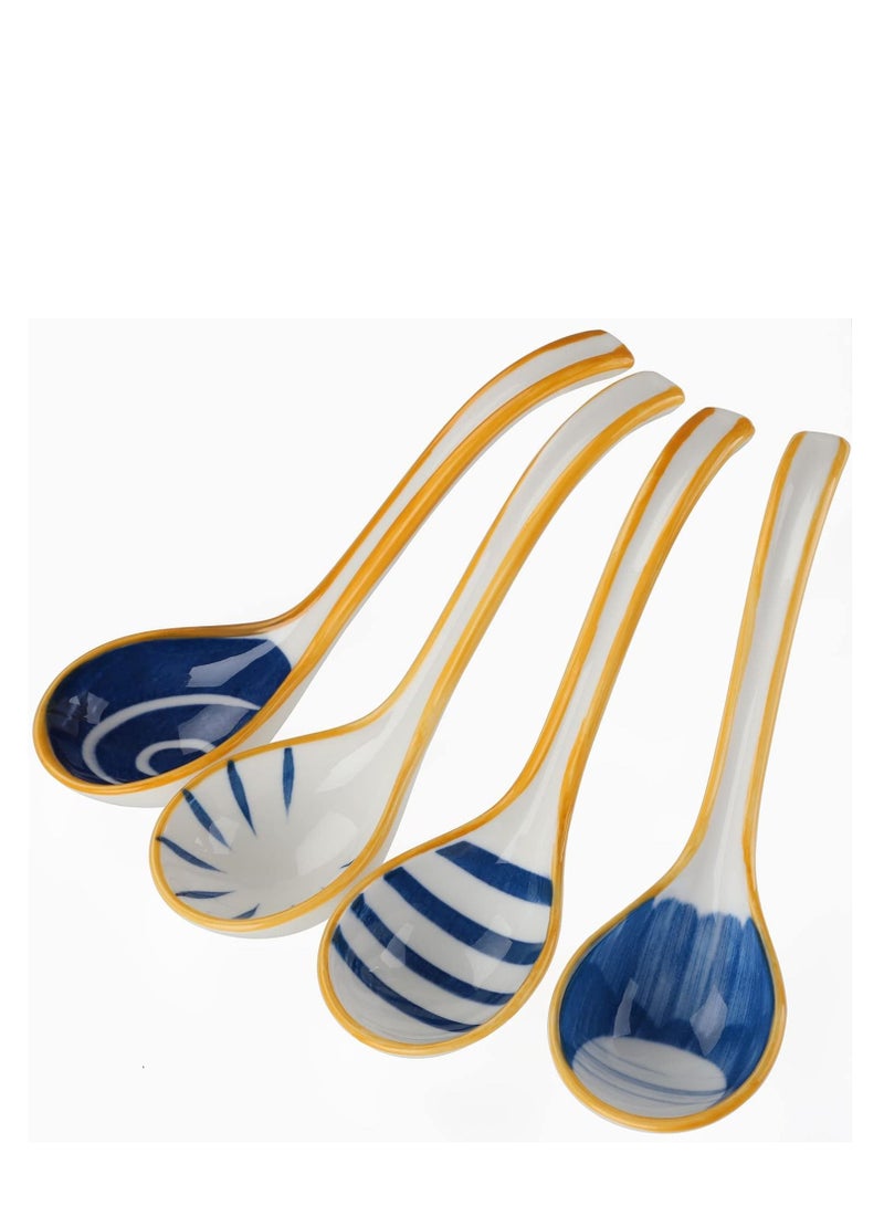 Ceramic Soup Spoons Set of 4, Japanese Style Long Handle Asian Spoon Reusable Table for Ramen Pho Wonton Dumpling