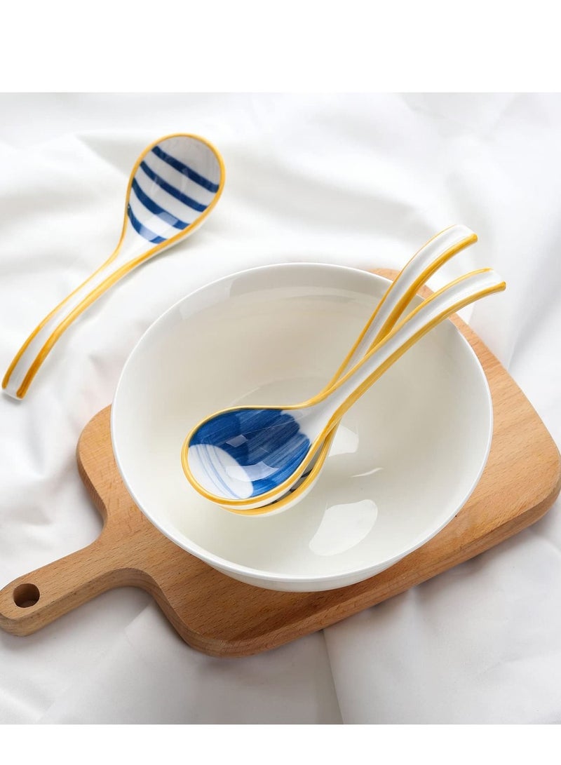 Ceramic Soup Spoons Set of 4, Japanese Style Long Handle Asian Spoon Reusable Table for Ramen Pho Wonton Dumpling