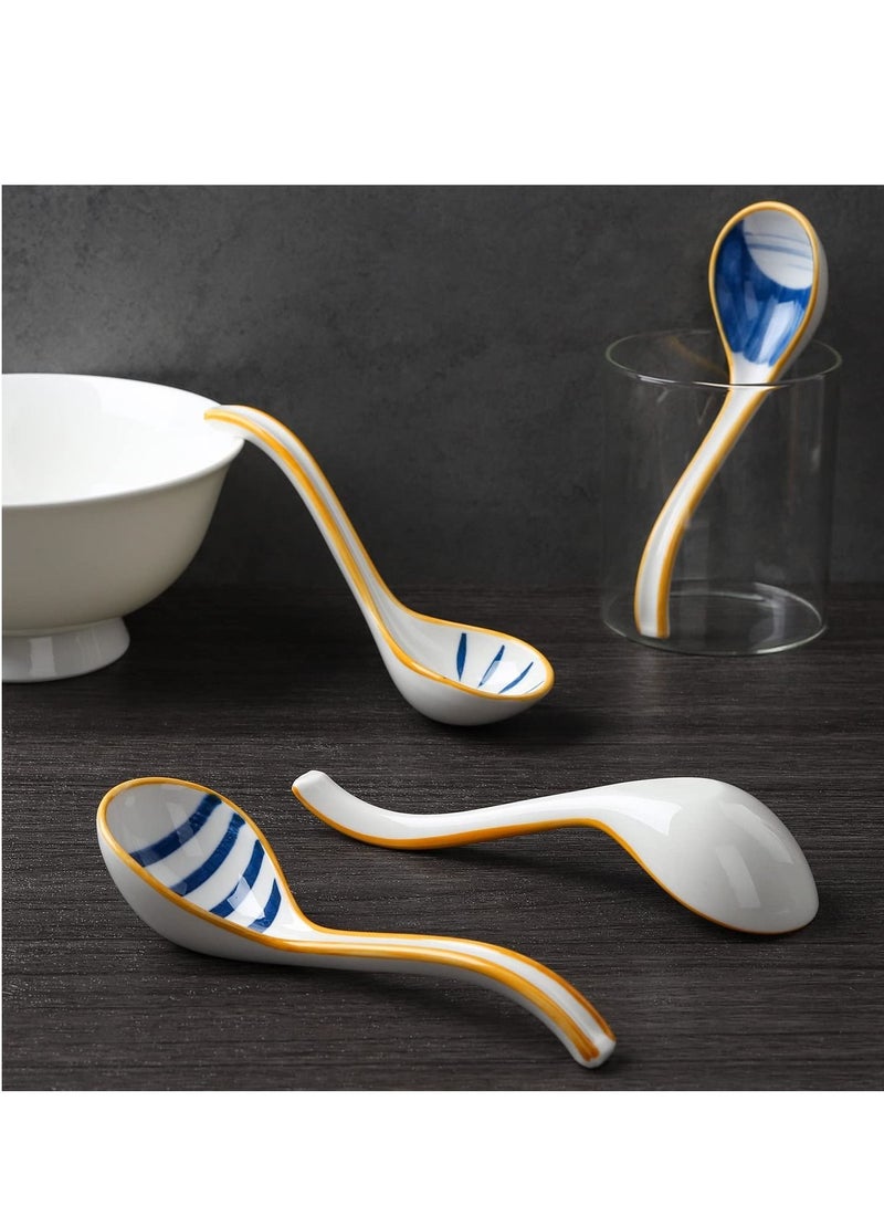 Ceramic Soup Spoons Set of 4, Japanese Style Long Handle Asian Spoon Reusable Table for Ramen Pho Wonton Dumpling
