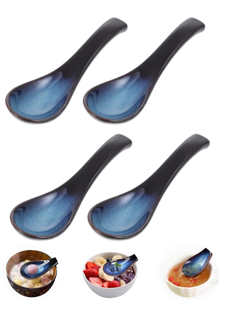 Chinese Ceramic Spoons Soup Ladle Japanese Retro Ramen Rice Portable for Kitchen Cooking Oatmeal Stews Wonton Dumpling Blue Porcelain Spoon 4Pcs