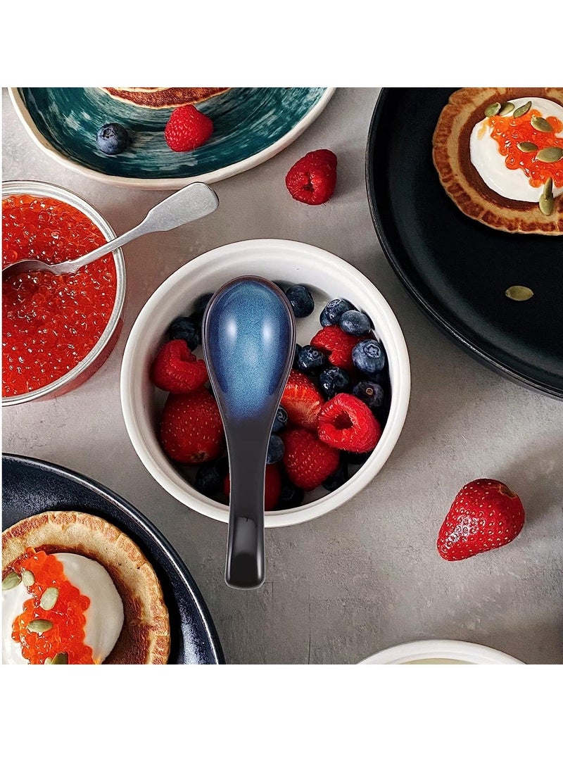 Chinese Ceramic Spoons Soup Ladle Japanese Retro Ramen Rice Portable for Kitchen Cooking Oatmeal Stews Wonton Dumpling Blue Porcelain Spoon 4Pcs
