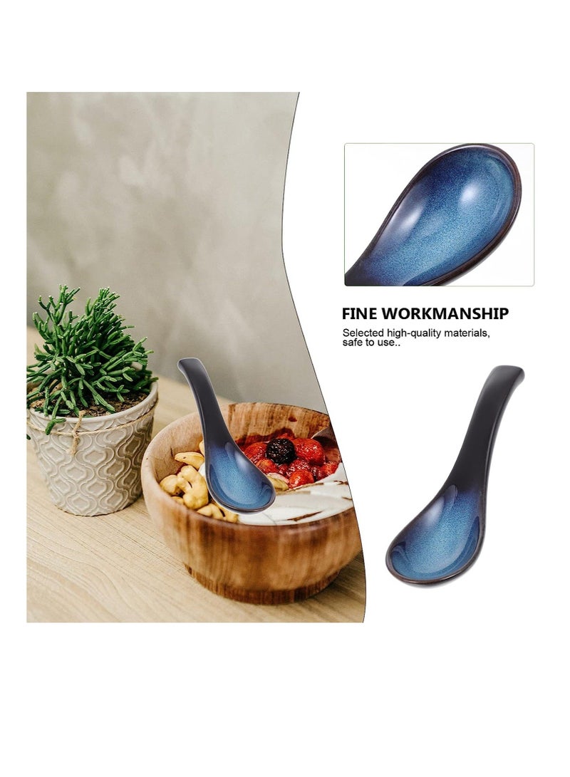 Chinese Ceramic Spoons Soup Ladle Japanese Retro Ramen Rice Portable for Kitchen Cooking Oatmeal Stews Wonton Dumpling Blue Porcelain Spoon 4Pcs