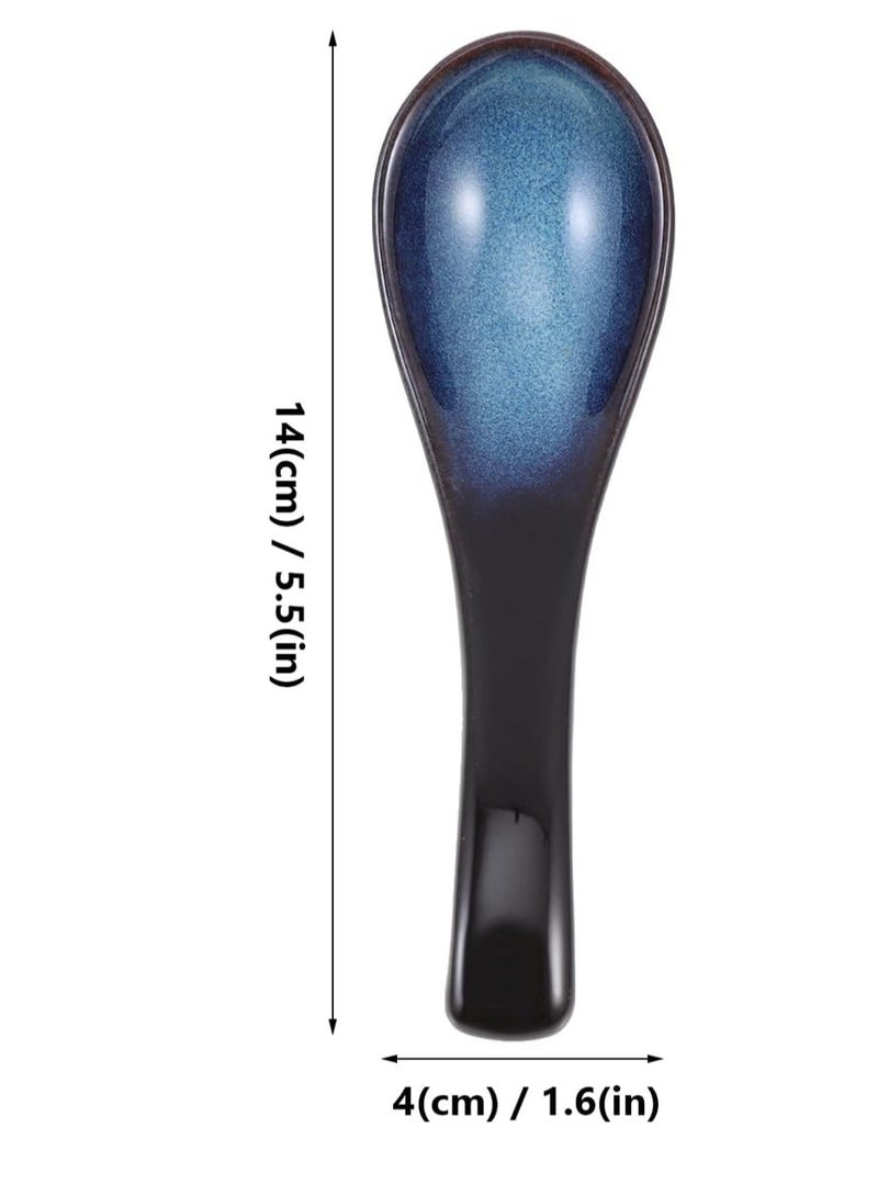 Chinese Ceramic Spoons Soup Ladle Japanese Retro Ramen Rice Portable for Kitchen Cooking Oatmeal Stews Wonton Dumpling Blue Porcelain Spoon 4Pcs
