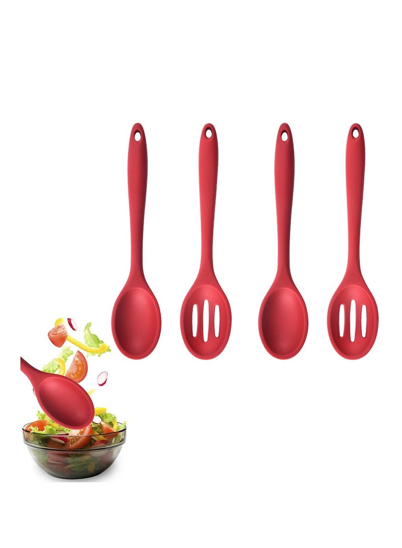 Pack of 4 Large Silicone Cooking Spoons, Kitchen Spoon Set, Pcs Solid Spoons and Slotted Non Stick Basting Spoon,Heat-Resistant Utensils for Mixing,Serving,Draining,Stirring
