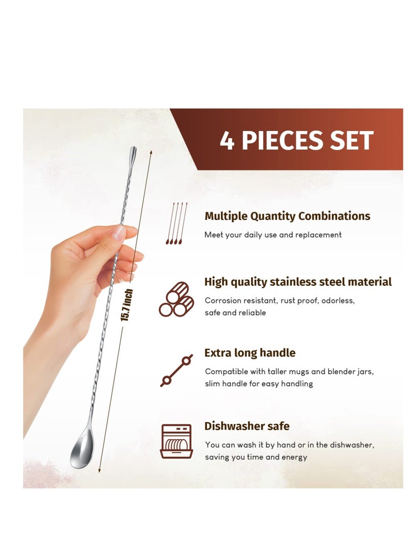 4 Pcs Stainless Steel 15.7 Inches Long Handle Mixing Spoons, Drink Stirrers Cocktail Stirrer, Spiral Pattern Stirring Spoons Suitable for Shaker (Silver)