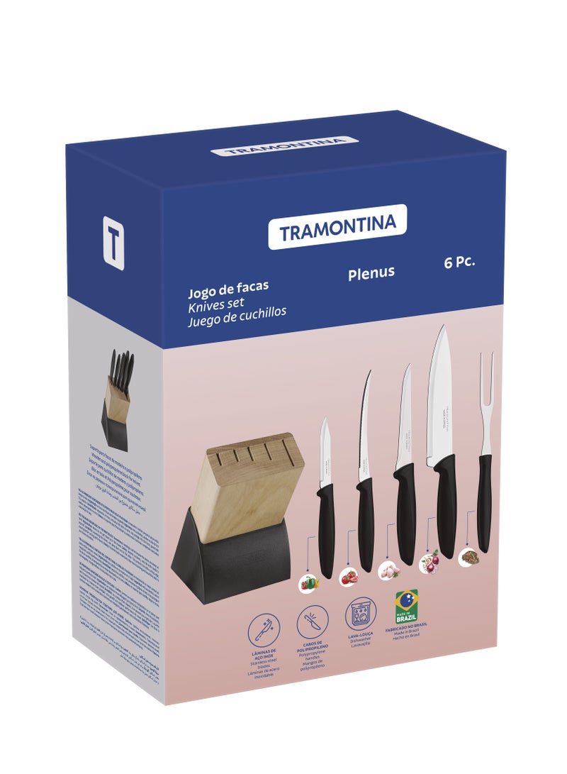 Plenus 6 Pieces Knife and Block Set with Stainless Steel Blade Black Polypropylene Handle