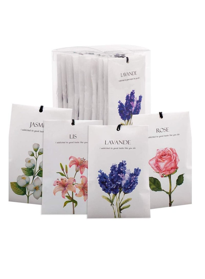 Lavender Jasmine Lily Rose Flower Sachet 1Box 12Pcs 12 Packs Closet Air Deodorizer Freshener Scented Drawers Sachets Long Lasting Smell Goods for House 4 Scent Home Car Fragrance Products