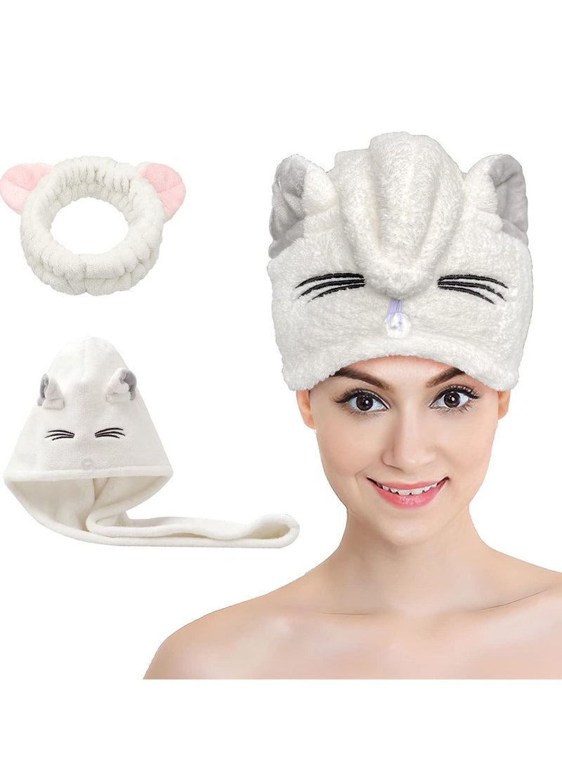 Hair Drying Towel, Microfiber Towel Wrap with Cat Ears, Women's Quick Dry Cap for Women and Kids Girls, Super Fast Absorbent Bath Shower Head Bandana Buttons