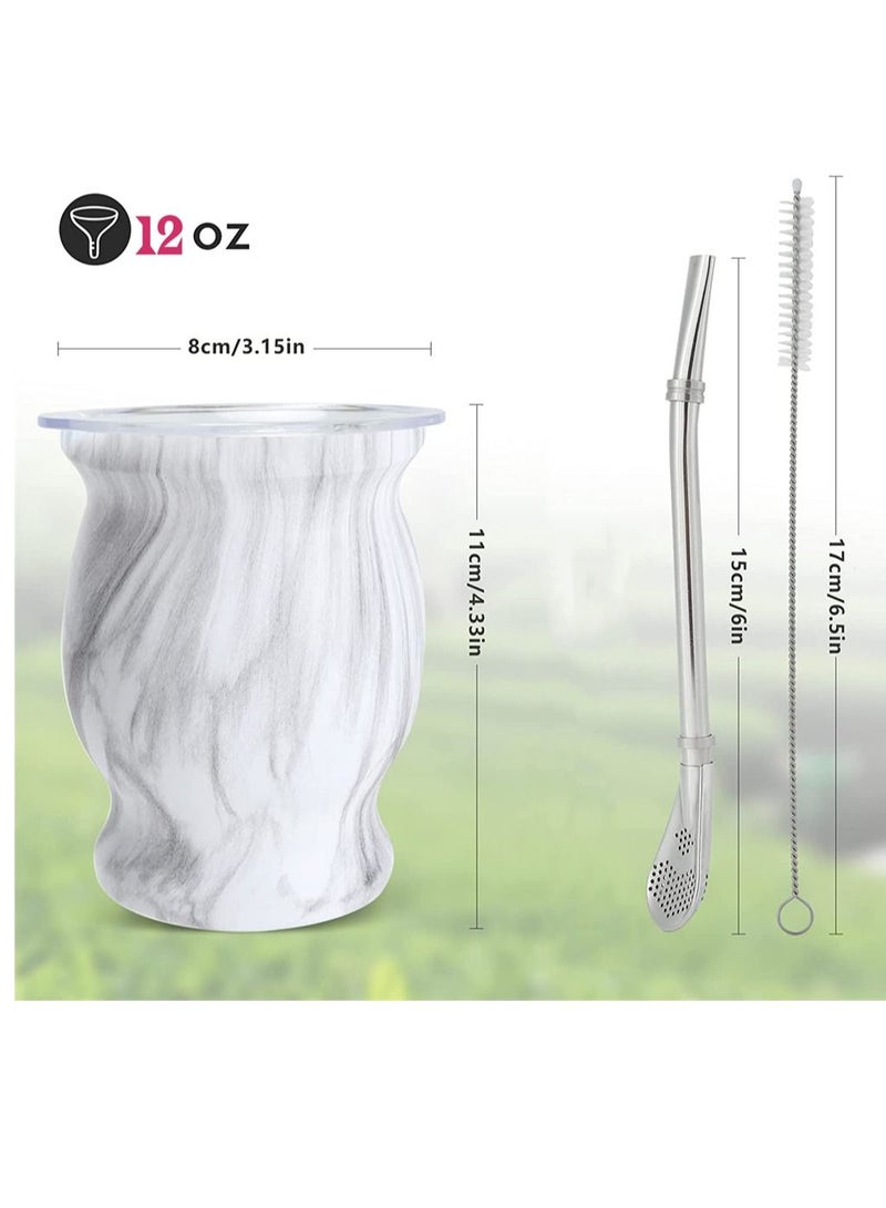 Yerba Mate Tea Cup 230ml Gourd Marble Color Stainless Steel Double Walled Easy Wash Household Insulation Gourds for Loose Leaf Drinking, Includes Bombilla Straw and Cleaning Brush