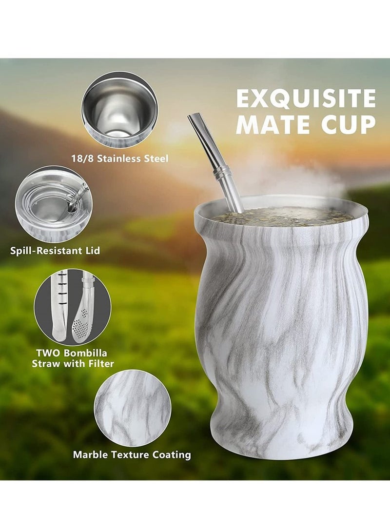Yerba Mate Tea Cup 230ml Gourd Marble Color Stainless Steel Double Walled Easy Wash Household Insulation Gourds for Loose Leaf Drinking, Includes Bombilla Straw and Cleaning Brush