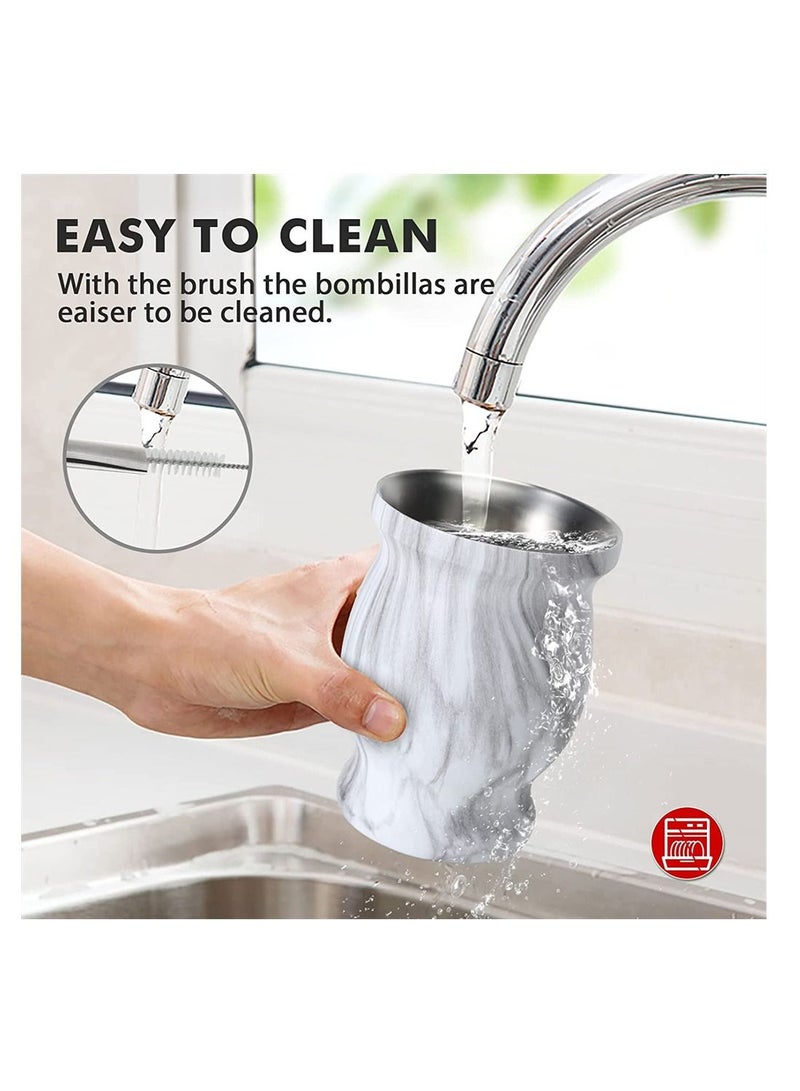 Yerba Mate Tea Cup 230ml Gourd Marble Color Stainless Steel Double Walled Easy Wash Household Insulation Gourds for Loose Leaf Drinking, Includes Bombilla Straw and Cleaning Brush