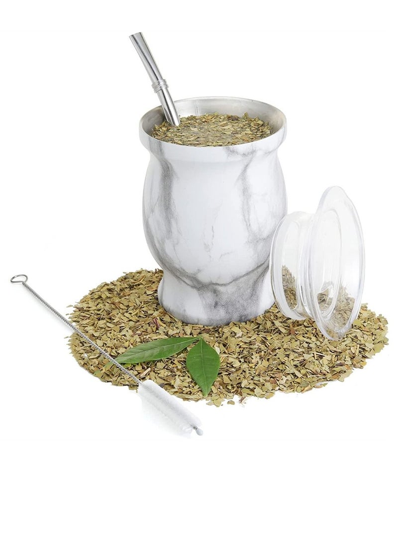 Yerba Mate Tea Cup 230ml Gourd Marble Color Stainless Steel Double Walled Easy Wash Household Insulation Gourds for Loose Leaf Drinking, Includes Bombilla Straw and Cleaning Brush