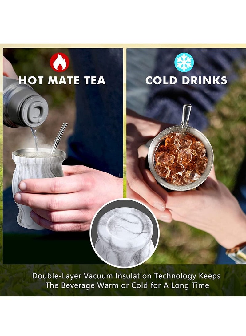 Yerba Mate Tea Cup 230ml Gourd Marble Color Stainless Steel Double Walled Easy Wash Household Insulation Gourds for Loose Leaf Drinking, Includes Bombilla Straw and Cleaning Brush