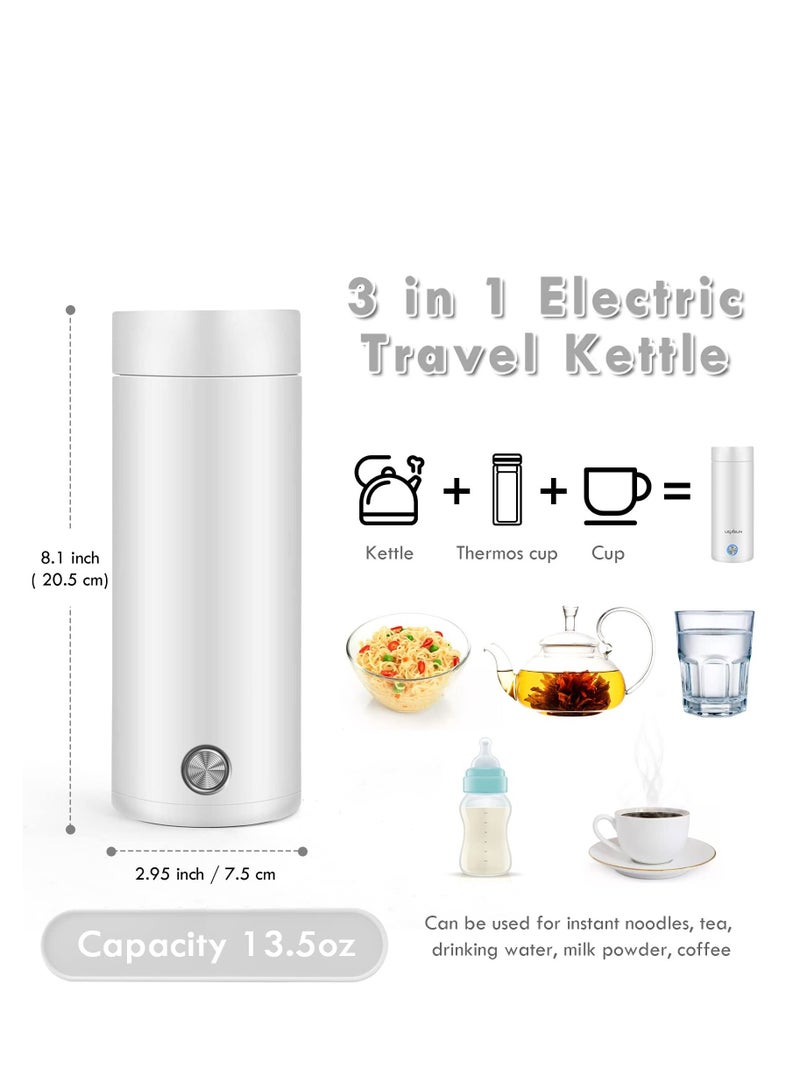Portable Electric Kettle 400ml Travel Tea with Non stick Coating Double Wall Water Boiler Bottle Insulated Coffee Thermos Mug Fast Boil and Auto Shut Off Hot Heater (White)