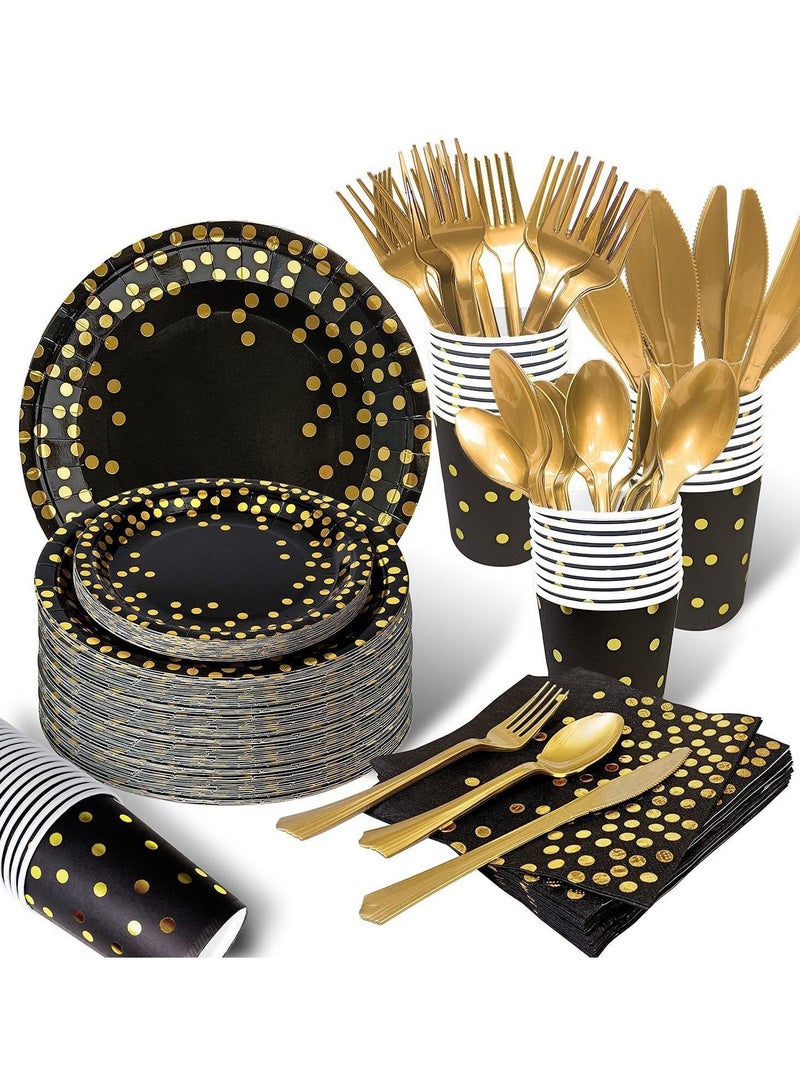 Disposable Party Dinnerware Set, Black and Gold Supplies, Plastic Forks Knives Spoons Golden Dot Paper Plates, Napkins Cups for Graduation, Birthday, Wedding 175PCS