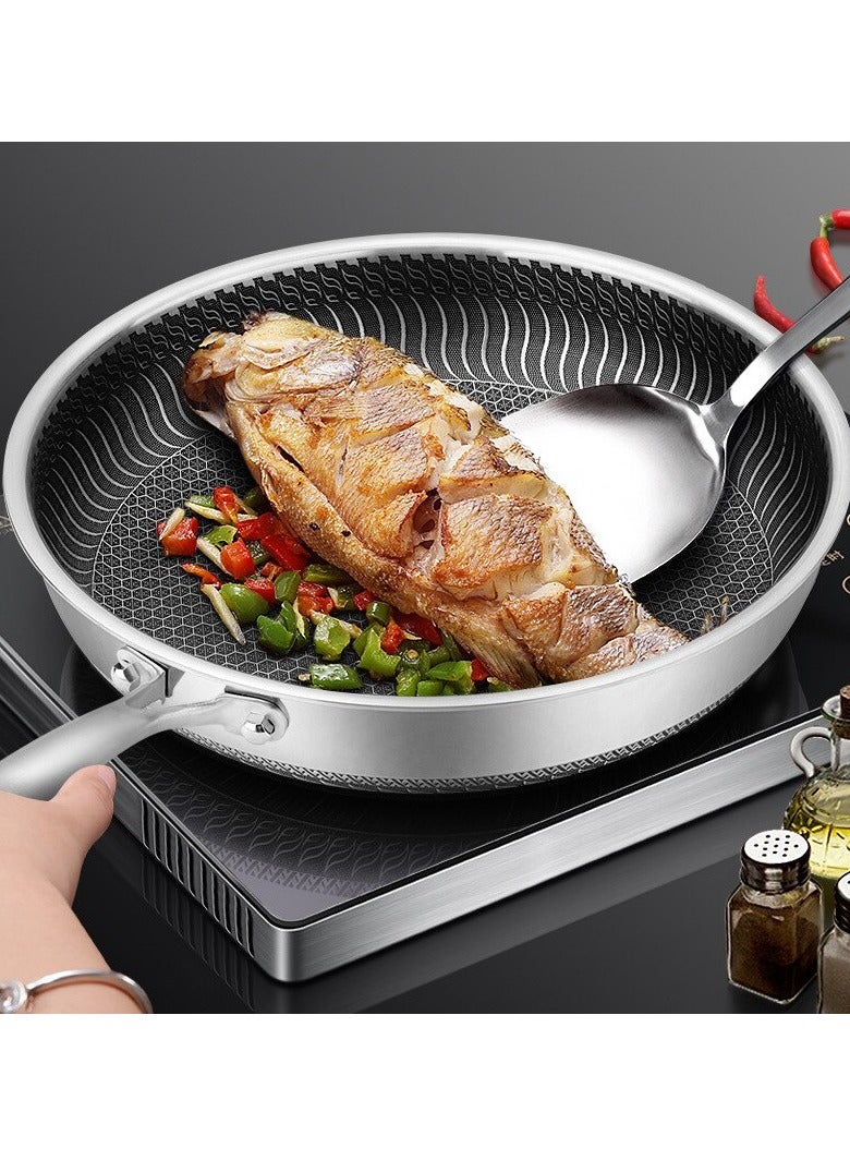 Stainless Steel Frying Pan, Whole Body Tri-ply Frying Pan, Scratch-resistant Non Stick  Double-sided Honeycomb Skillet Pan For All Stove, (28cm)