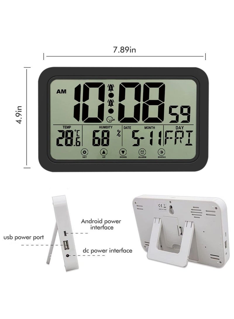 SYOSI Digital Clock, with Calendar, Temperature and Humidity Detection, Large LED Display Alarm Desktop Clock Thermometer, Wall for Home Office, Black