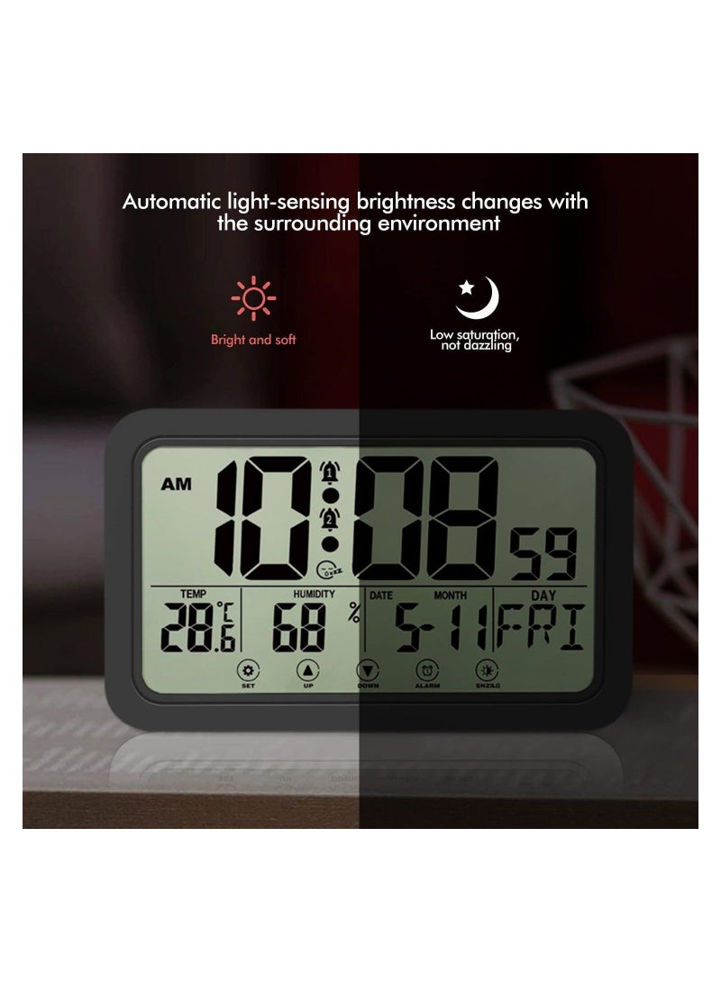 SYOSI Digital Clock, with Calendar, Temperature and Humidity Detection, Large LED Display Alarm Desktop Clock Thermometer, Wall for Home Office, Black