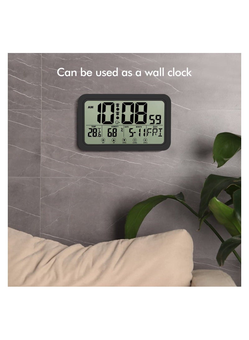 SYOSI Digital Clock, with Calendar, Temperature and Humidity Detection, Large LED Display Alarm Desktop Clock Thermometer, Wall for Home Office, Black