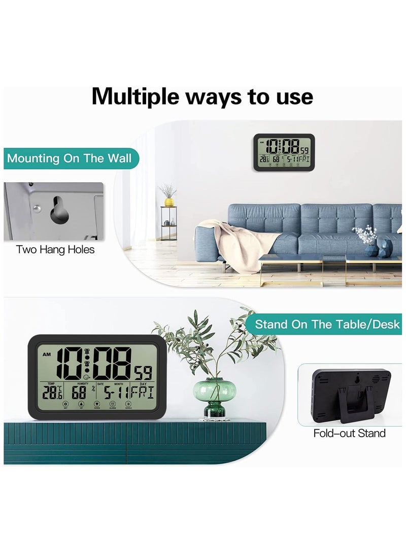 SYOSI Digital Clock, with Calendar, Temperature and Humidity Detection, Large LED Display Alarm Desktop Clock Thermometer, Wall for Home Office, Black
