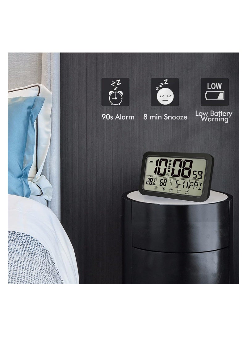 SYOSI Digital Clock, with Calendar, Temperature and Humidity Detection, Large LED Display Alarm Desktop Clock Thermometer, Wall for Home Office, Black