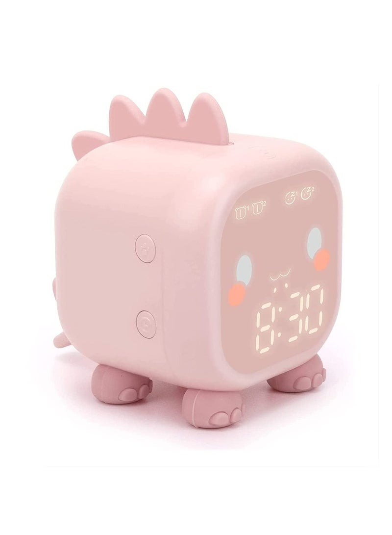Kids Alarm Clock, Digital Clock for Bedroom, Cute Dinosaur Bedside Children's Sleep Trainier, Wake Up Light & Night with USB Boys Girls Birthday Gifts (Pink)