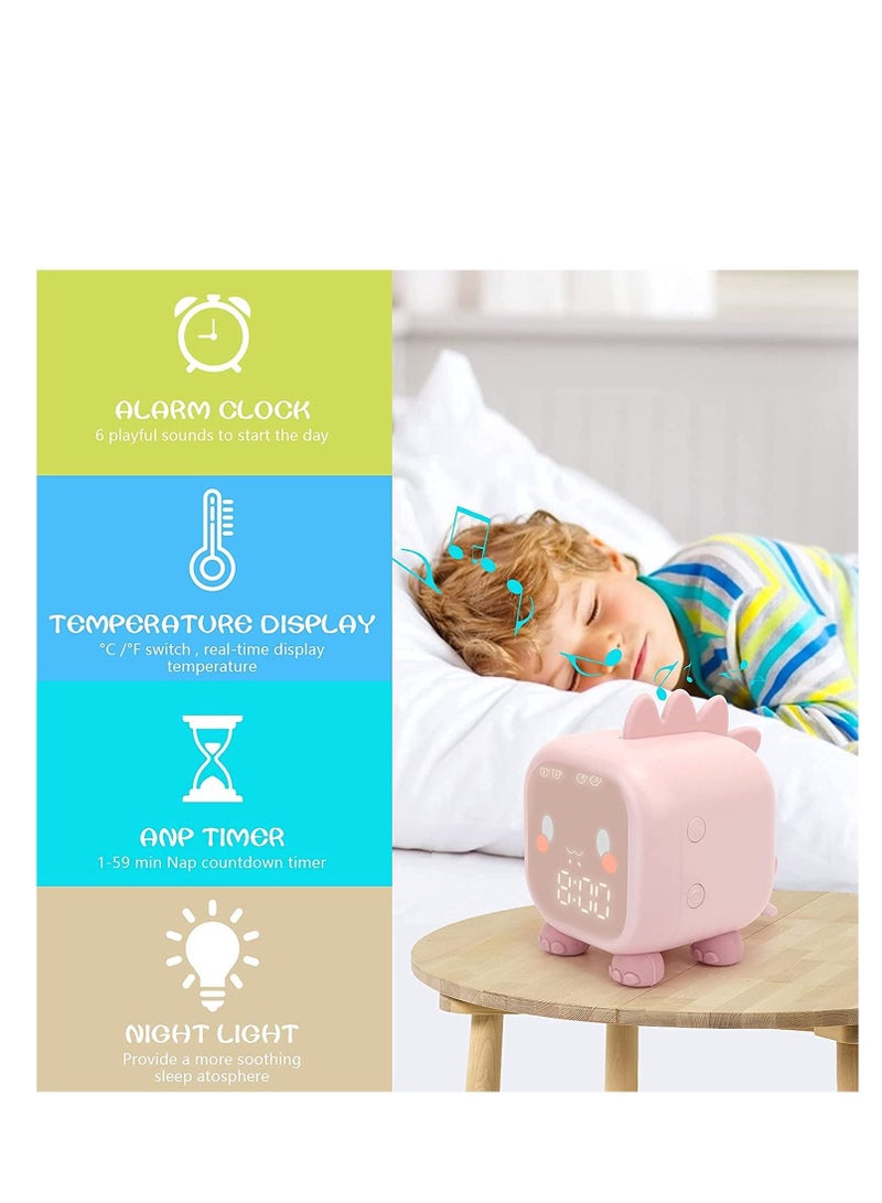 Kids Alarm Clock, Digital Clock for Bedroom, Cute Dinosaur Bedside Children's Sleep Trainier, Wake Up Light & Night with USB Boys Girls Birthday Gifts (Pink)