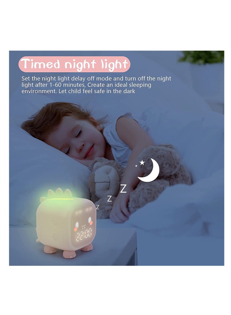 Kids Alarm Clock, Digital Clock for Bedroom, Cute Dinosaur Bedside Children's Sleep Trainier, Wake Up Light & Night with USB Boys Girls Birthday Gifts (Pink)