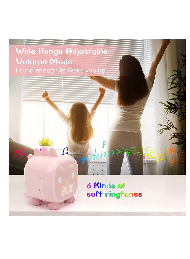 Kids Alarm Clock, Digital Clock for Bedroom, Cute Dinosaur Bedside Children's Sleep Trainier, Wake Up Light & Night with USB Boys Girls Birthday Gifts (Pink)