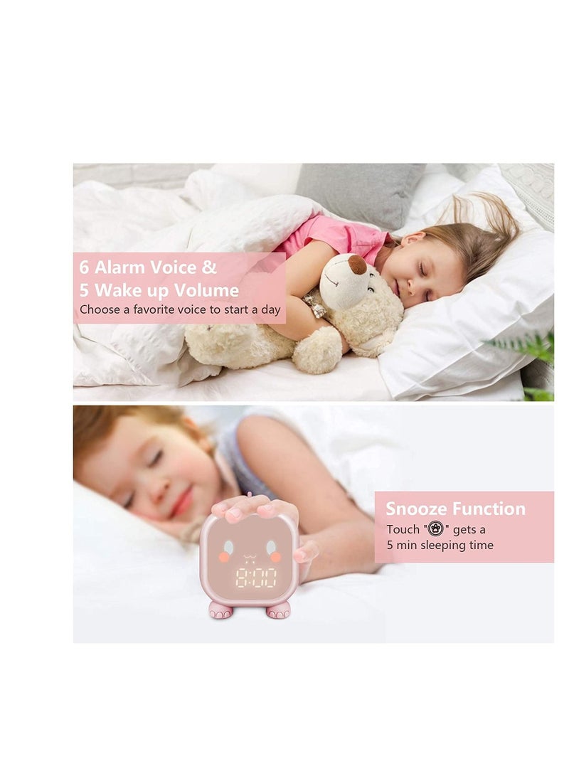 Kids Alarm Clock, Digital Clock for Bedroom, Cute Dinosaur Bedside Children's Sleep Trainier, Wake Up Light & Night with USB Boys Girls Birthday Gifts (Pink)