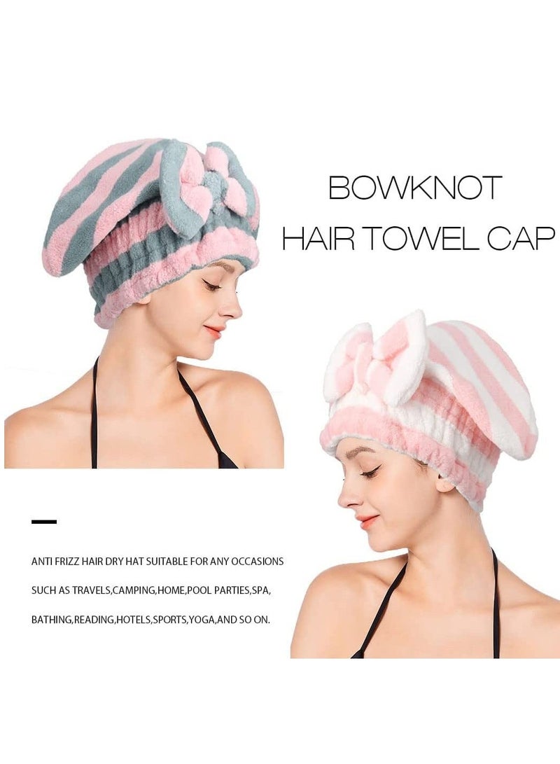 Microfiber Hair Dry Cap Absorbent Quick Drying Soft Towel Stripe with Bow-Knot Shower for Women and Girls 2Pcs (Pink Blue & Pink White)