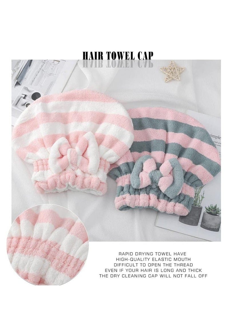 Microfiber Hair Dry Cap Absorbent Quick Drying Soft Towel Stripe with Bow-Knot Shower for Women and Girls 2Pcs (Pink Blue & Pink White)