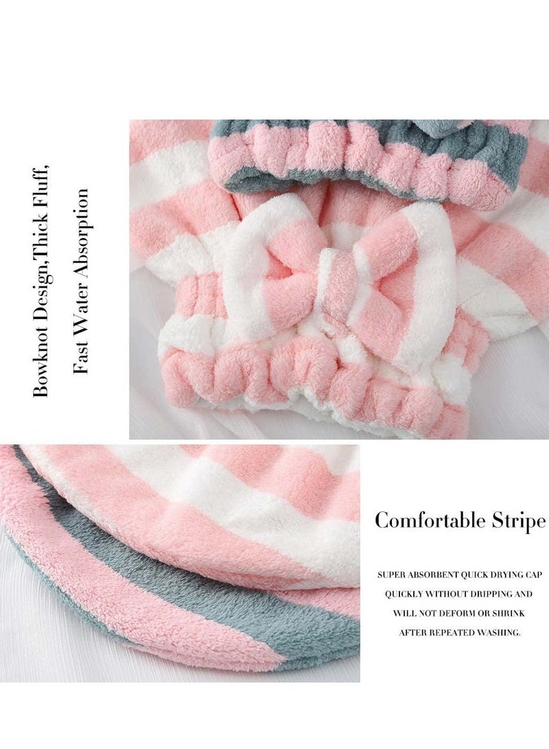 Microfiber Hair Dry Cap Absorbent Quick Drying Soft Towel Stripe with Bow-Knot Shower for Women and Girls 2Pcs (Pink Blue & Pink White)