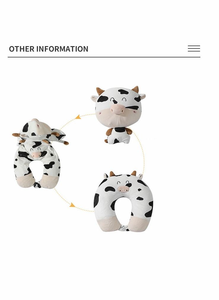 Cow Pillow, U-shaped Neck Cartoon Deformed 2-in-1 Travel Pillow Convertible Kids for Airplane Traveling Sleeping (Bull)