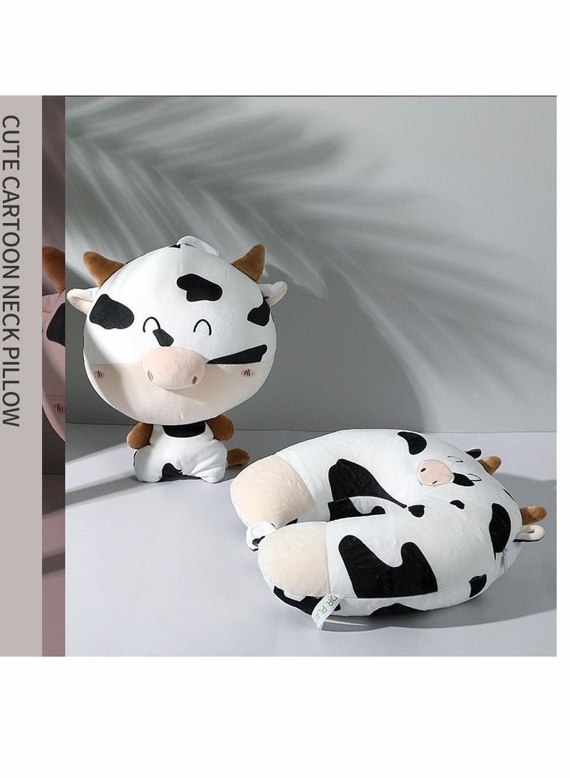 Cow Pillow, U-shaped Neck Cartoon Deformed 2-in-1 Travel Pillow Convertible Kids for Airplane Traveling Sleeping (Bull)