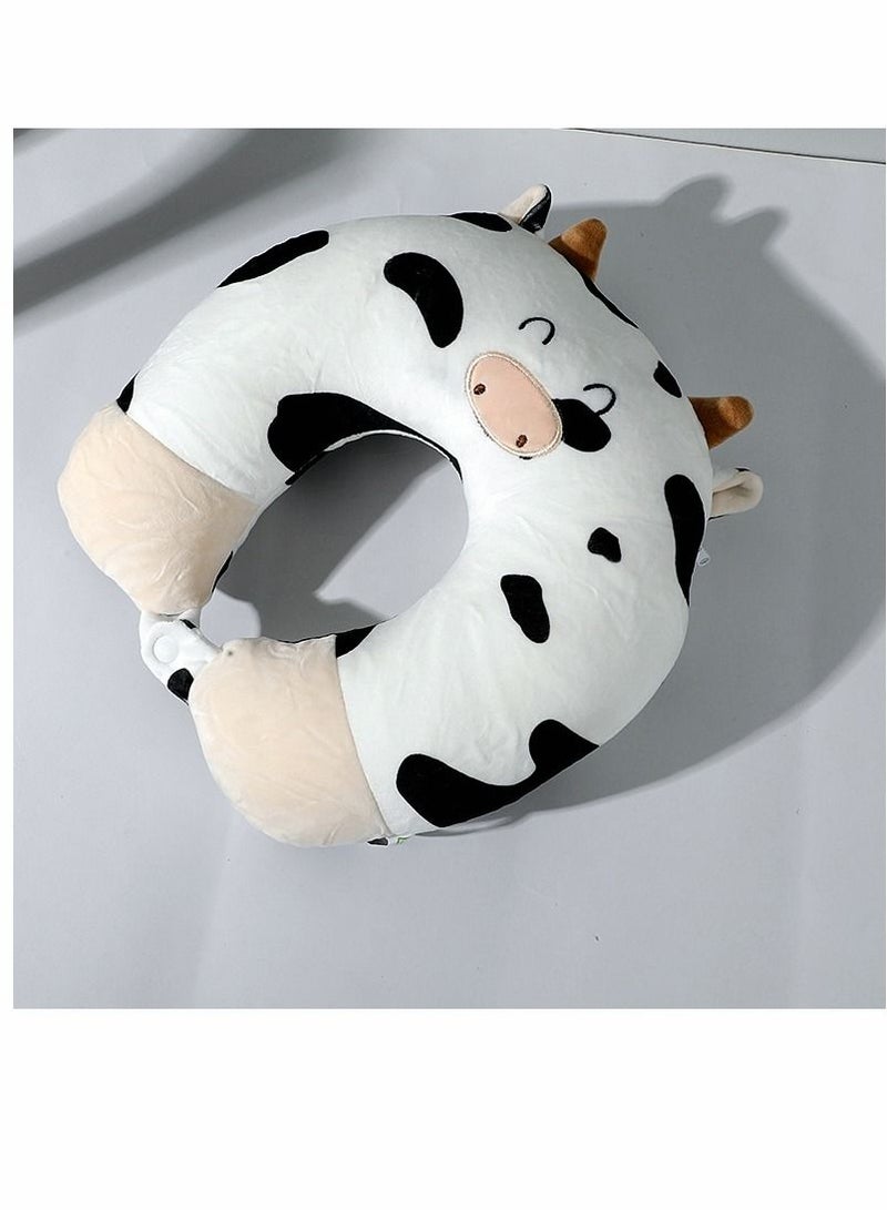 Cow Pillow, U-shaped Neck Cartoon Deformed 2-in-1 Travel Pillow Convertible Kids for Airplane Traveling Sleeping (Bull)