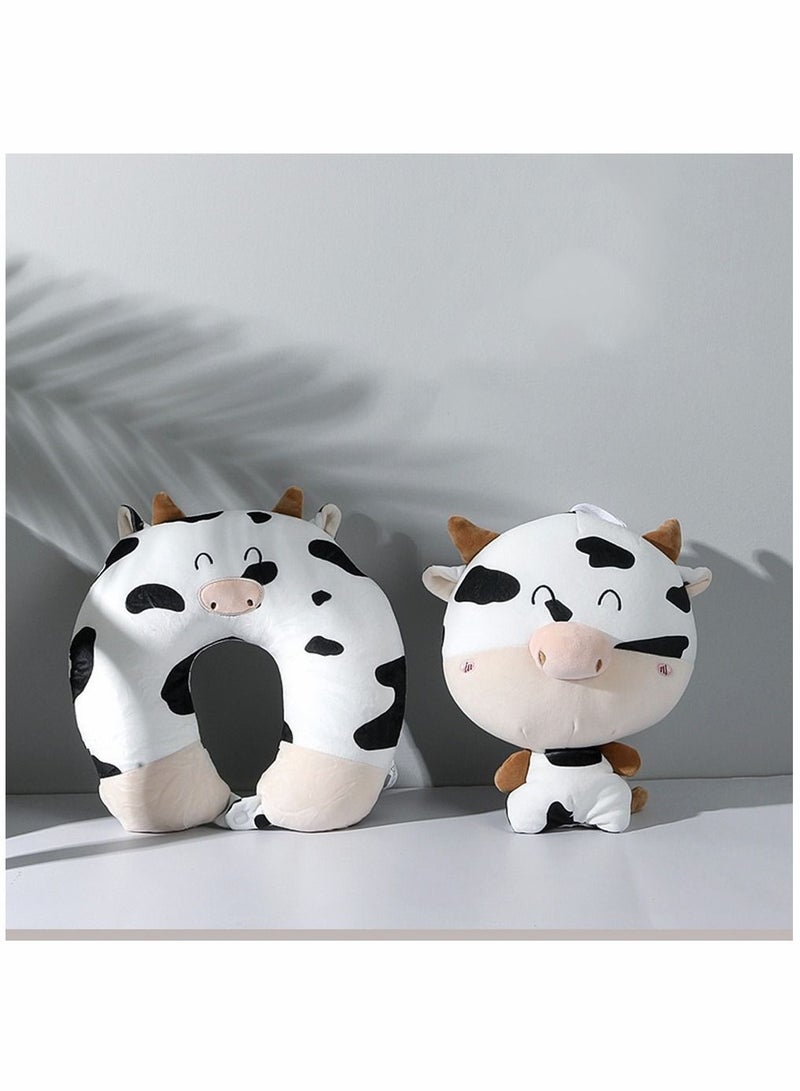 Cow Pillow, U-shaped Neck Cartoon Deformed 2-in-1 Travel Pillow Convertible Kids for Airplane Traveling Sleeping (Bull)