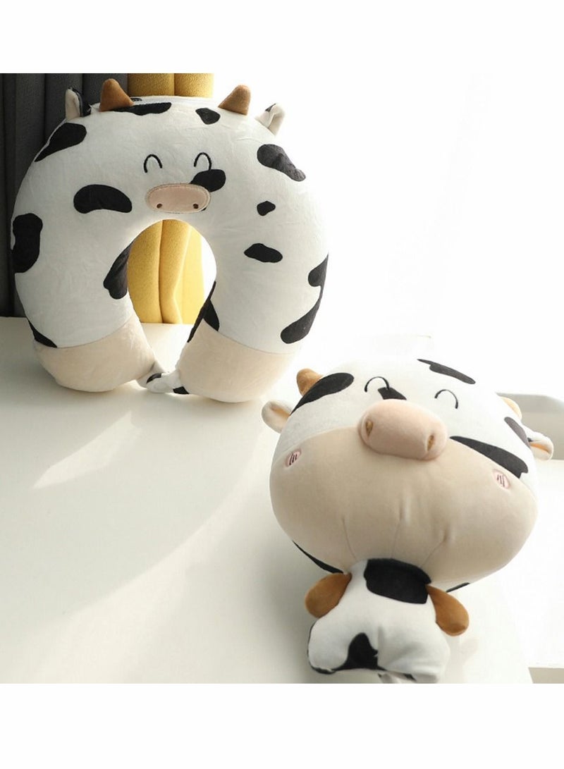 Cow Pillow, U-shaped Neck Cartoon Deformed 2-in-1 Travel Pillow Convertible Kids for Airplane Traveling Sleeping (Bull)