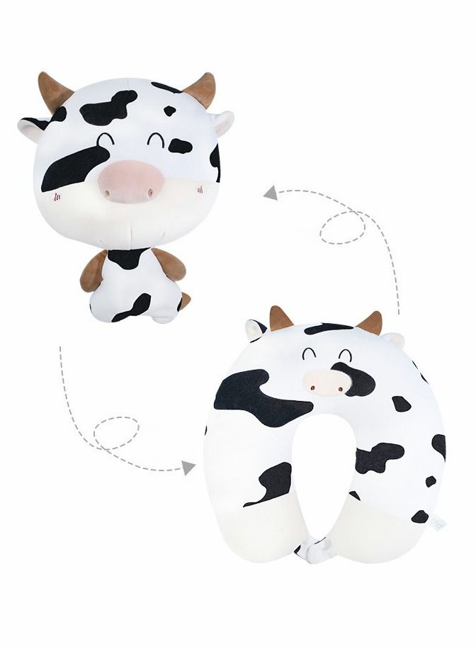 Cow Pillow, U-shaped Neck Cartoon Deformed 2-in-1 Travel Pillow Convertible Kids for Airplane Traveling Sleeping (Bull)