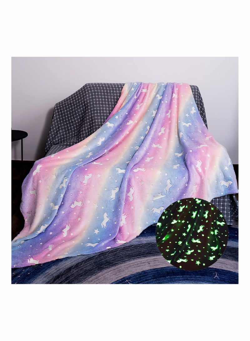 Glow in The Dark Throw Blanket Super Soft Flannel Fleece 100 x 150cm Warm Cozy Furry for Kids Decorated with Stars and Horse Holiday Birthday Gift Girls Boys Teens