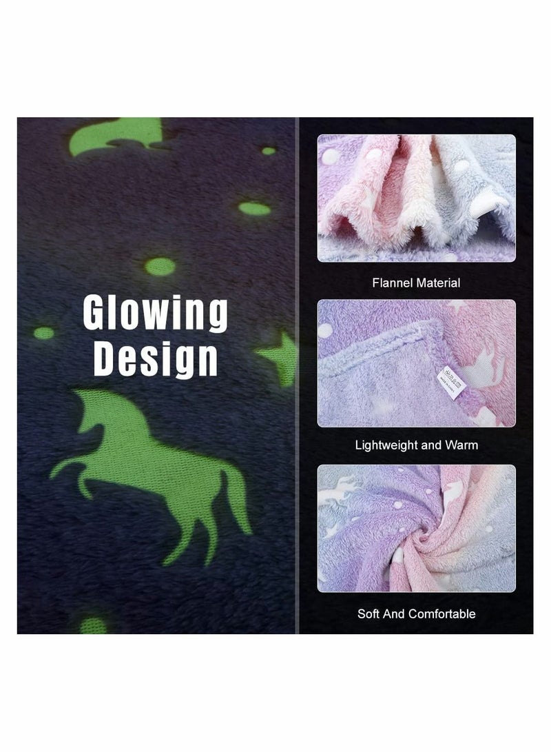 Glow in The Dark Throw Blanket Super Soft Flannel Fleece 100 x 150cm Warm Cozy Furry for Kids Decorated with Stars and Horse Holiday Birthday Gift Girls Boys Teens