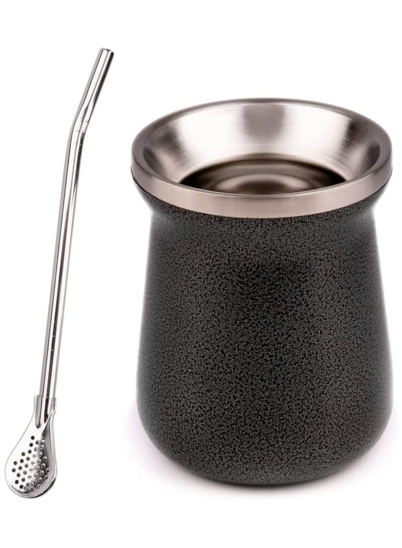 Yerba Mate Cup Black Stainless Steel And Bombilla Set 8oz Gourd Double Walled Tea With Straw