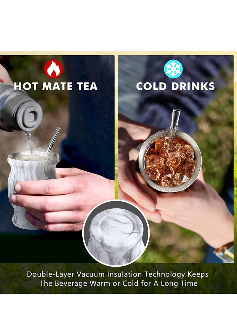 Yerba Mate Tea Cup 12oz Gourd Marble Color Stainless Steel Double Walled Easy Wash Household Insulation Gourds for Loose Leaf Drinking, Includes Bombilla Straw and Cleaning