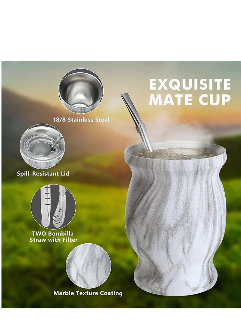 Yerba Mate Tea Cup 12oz Gourd Marble Color Stainless Steel Double Walled Easy Wash Household Insulation Gourds for Loose Leaf Drinking, Includes Bombilla Straw and Cleaning