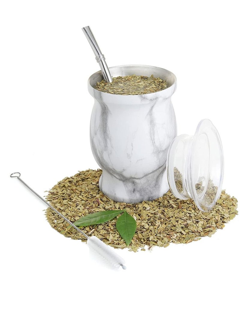 Yerba Mate Tea Cup 12oz Gourd Marble Color Stainless Steel Double Walled Easy Wash Household Insulation Gourds for Loose Leaf Drinking, Includes Bombilla Straw and Cleaning