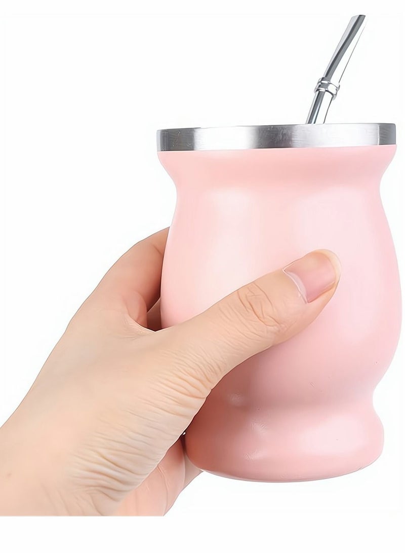 Pink Yerba Mate Tea Cup 230 ml Stainless Steel Double Walled Easy Wash Household Insulation Gourds for Loose Leaf Drinking with Bombilla Straw