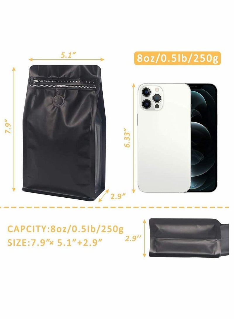 Coffee Storage, Bags with Valve Black High Barrier Aluminum Foil Flat Bottom Standing Beans Storage Bags, Reusable Heat Sealable Side Zipper Pouches for Home or Store (20pcs,8 oz,1/2 lb)