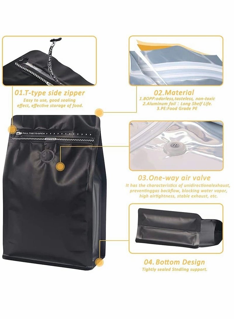 Coffee Storage, Bags with Valve Black High Barrier Aluminum Foil Flat Bottom Standing Beans Storage Bags, Reusable Heat Sealable Side Zipper Pouches for Home or Store (20pcs,8 oz,1/2 lb)