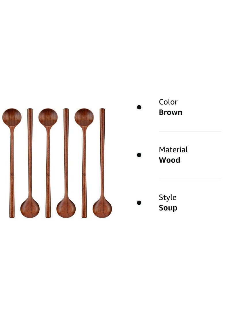 6 PCS 10.9 Inch Wooden Long Spoons, Kitchen Cooking Spoon, Korean Style Soup Suitable for Eating Mixing Stirring, Stews (Brown)