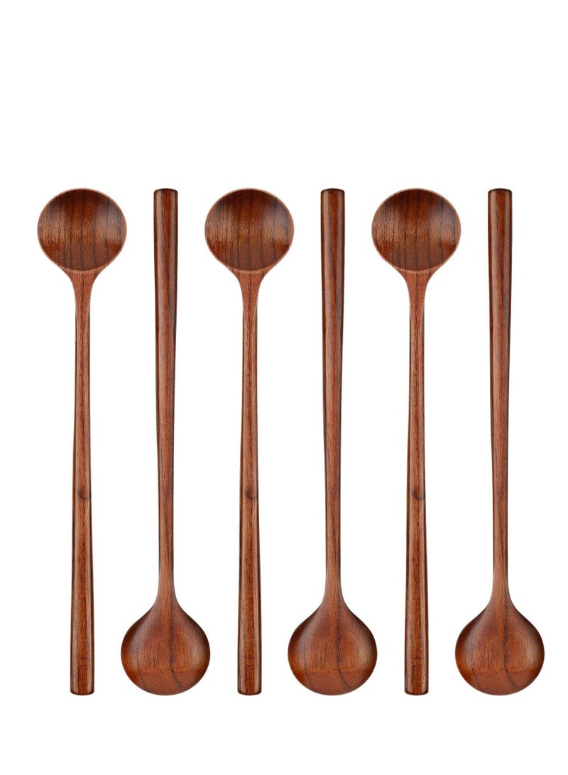 6 PCS 10.9 Inch Wooden Long Spoons, Kitchen Cooking Spoon, Korean Style Soup Suitable for Eating Mixing Stirring, Stews (Brown)